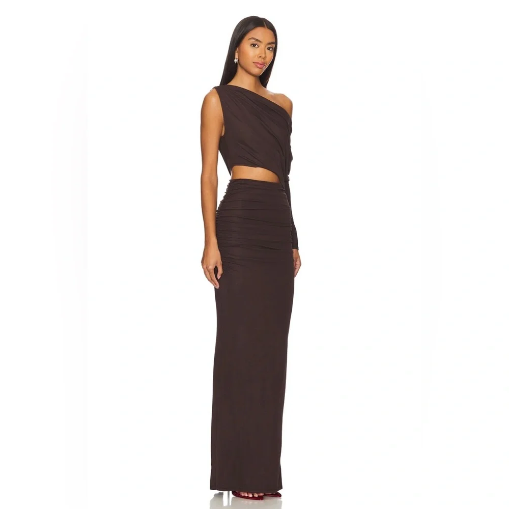 NBD Yahaira Maxi Dress Dark Brown Large One Shoulder Cutout NWT